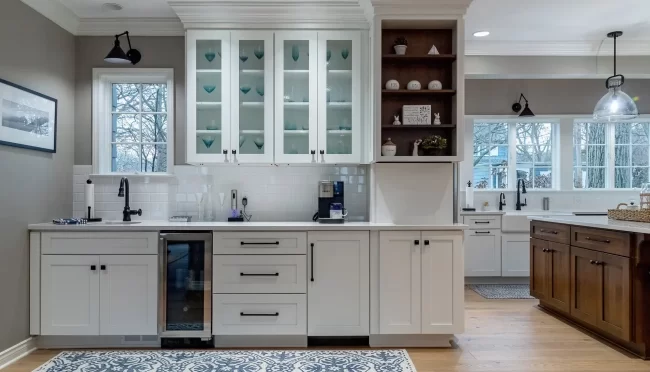 Gull Lake Coffee Bar with Sink and Beverage Fridge | Pennings & Sons White Cabinets with White Counter and Sink for Coffee Bar set up