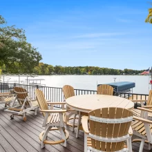 Lakefront deck with outdoor dining table, Adirondack chairs, black railing, lake view, dock, and blue sky