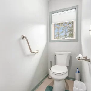 Compact half bathroom with toilet, window, grab bars, towel bar, light walls, and blue-green trim details