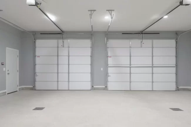 Finished Garage Overhead Doors Interior View | Pennings & Sons Interior view of two finished garage overhead doors with openers, gray walls, white trim, and clean concrete floor