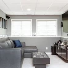 Finished basement TV room with gray walls, white trim, sectional seating, and display ledges